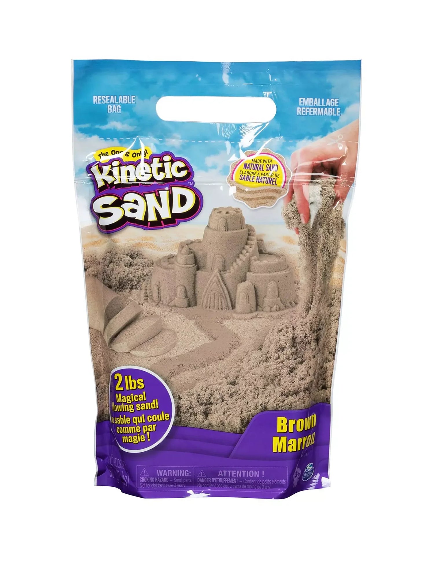 Front of Kinetic Sand 2lb brown resealable pack with sandcastle artwork – Ireland