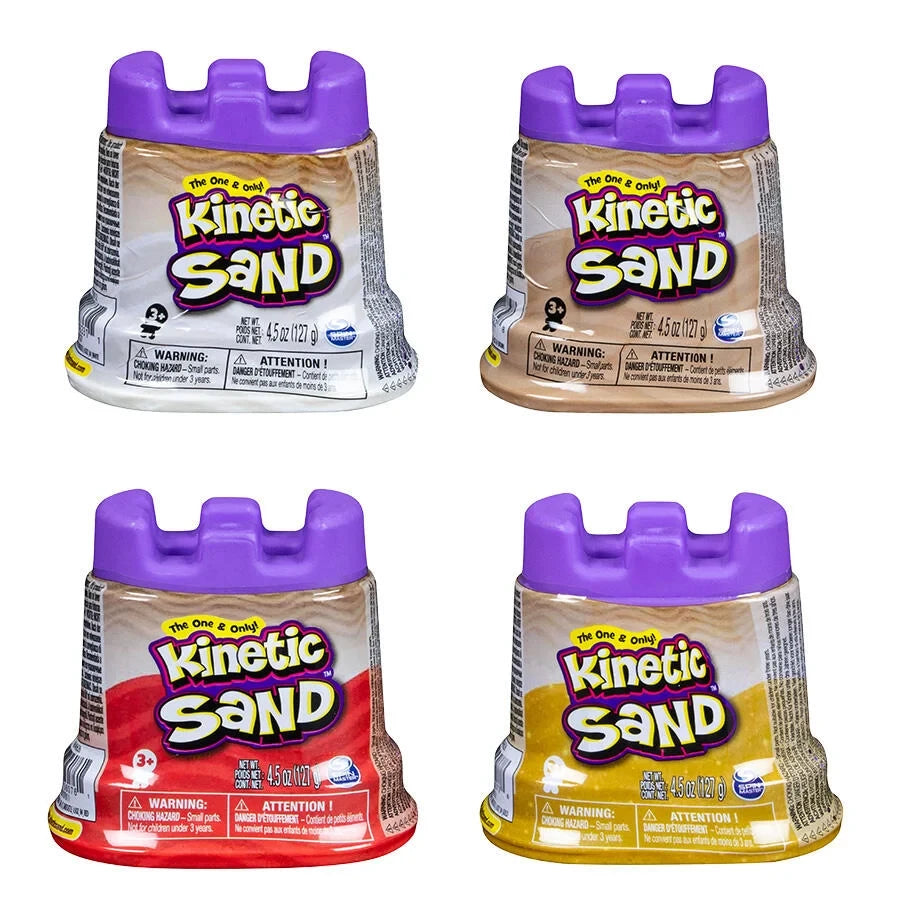 Four Kinetic Sand single containers in white, natural sand, red and yellow colours