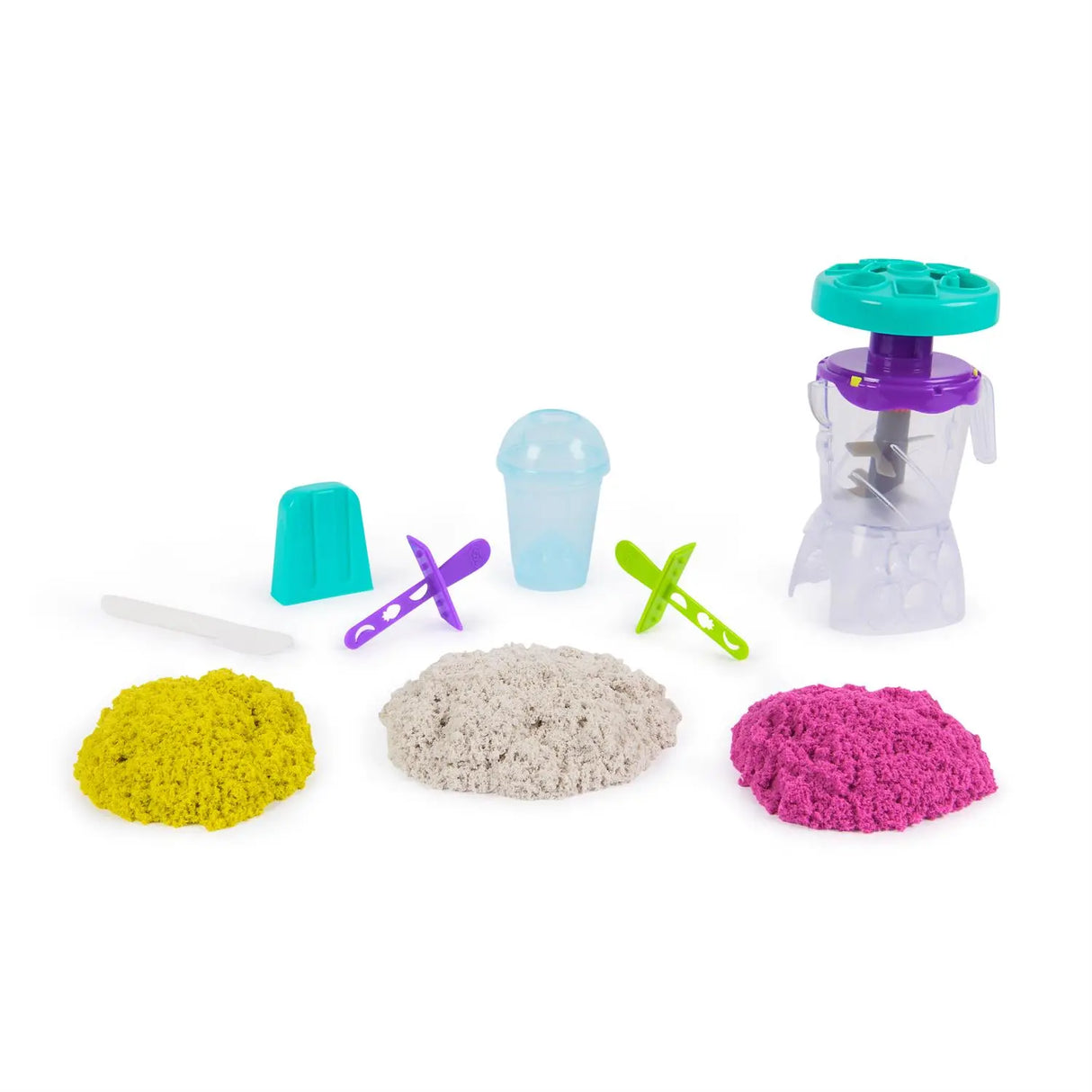 Kinetic Sand Smoothie Mixer with mixer, smoothie cup, popsicle mould, tools and three colours of sand