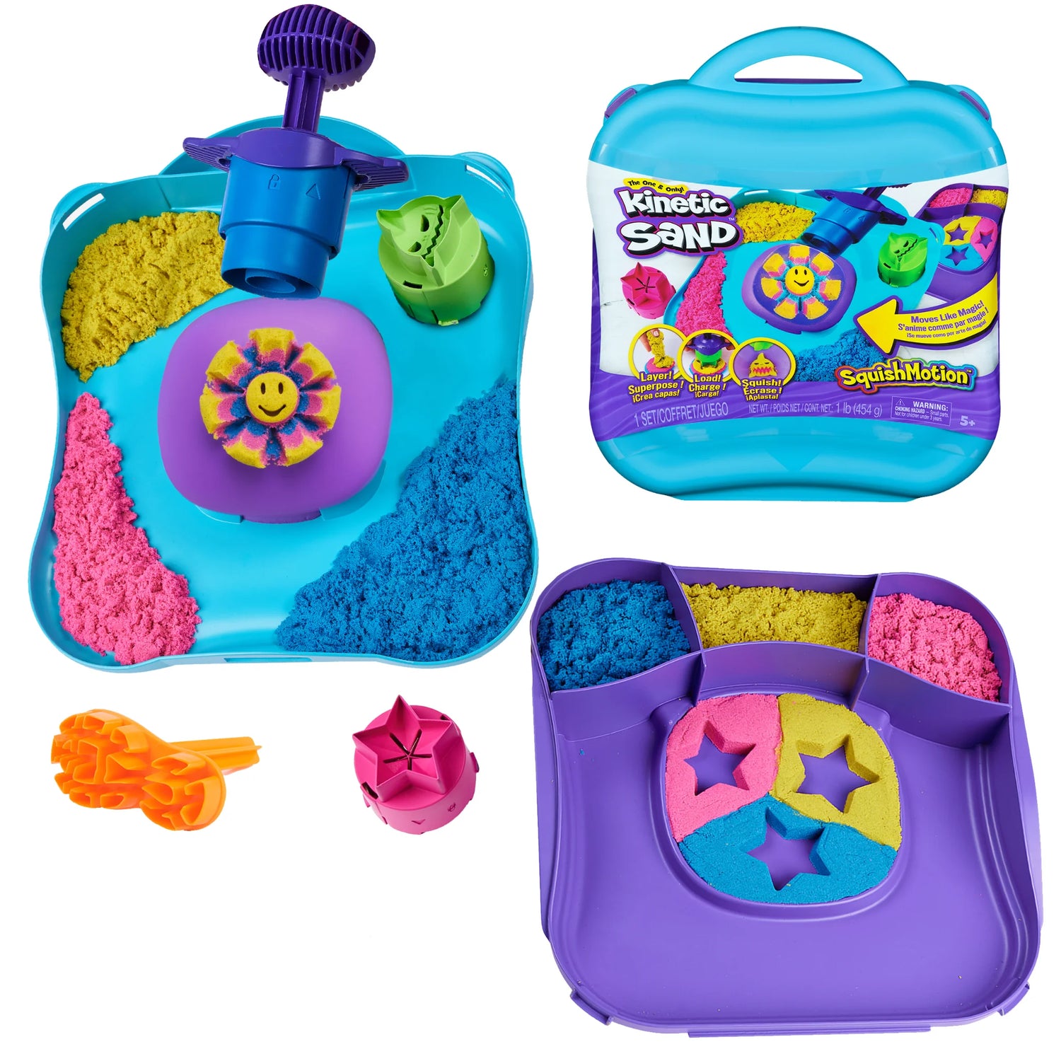 Kinetic Sand SquishMotion playset case open with colorful sand tray stamper tool and accessories in Ireland.