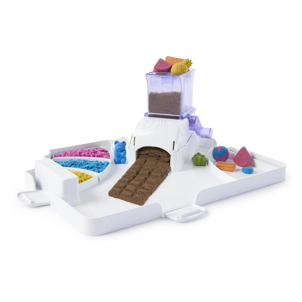 Kinetic Sand Sweet Station candy machine with brown sand strip and coloured moulded sand pieces