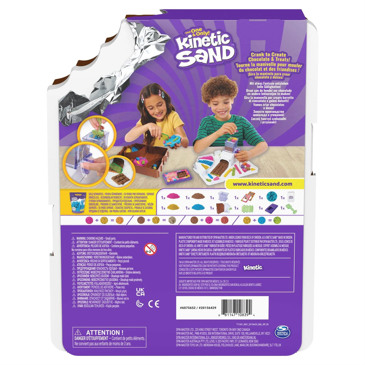 Back of Kinetic Sand Sweet Station packaging showing product information and children using the set