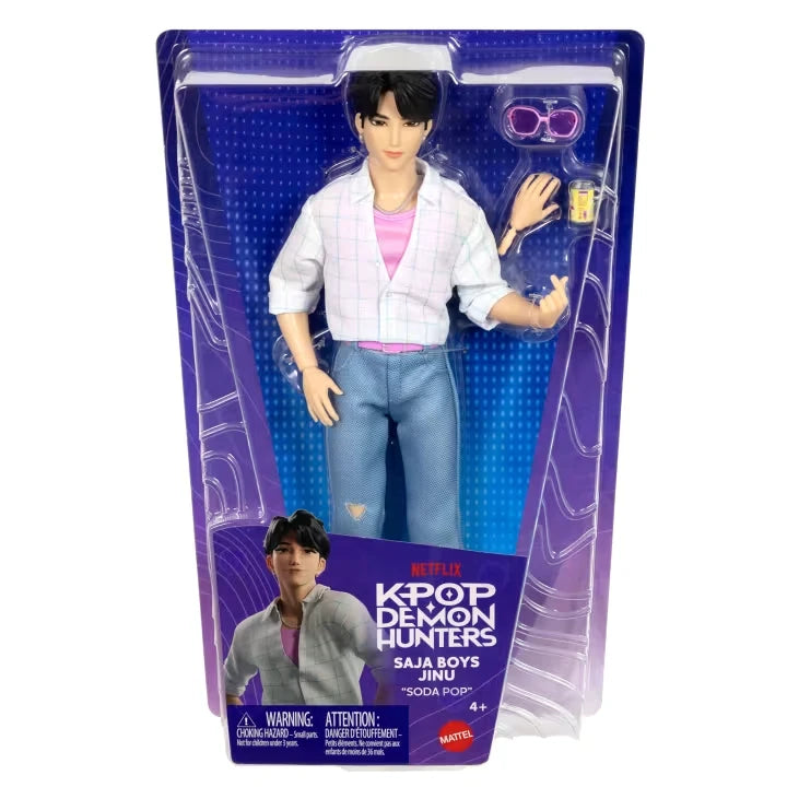 KPop Demon Hunters Saja Boys Jinu Doll in retail packaging with pink sunglasses and soda can accessories