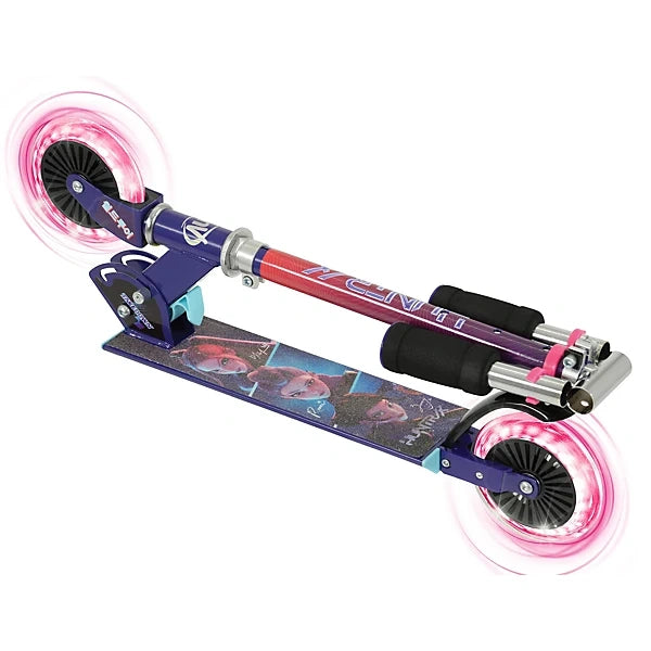 KPop Demon Hunters Takedown Folding Scooter folded flat, showing the black handlebar grips, character artwork across the deck and glowing pink front and rear wheels