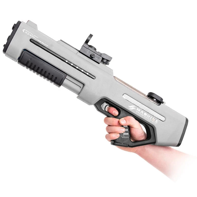 Grey HydroStorm automatic water gun held by the handle with black trigger and top sight