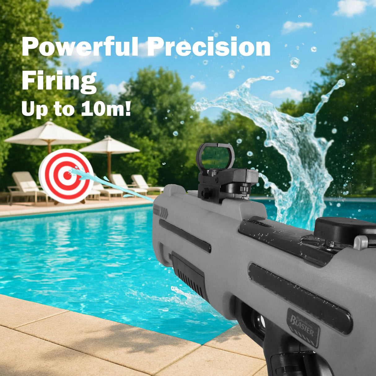 Grey HydroStorm water gun pool graphic with powerful precision firing text and up to 10m callout