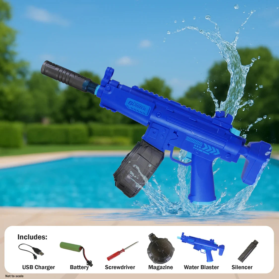 HydroStorm water blaster graphic showing USB charger, battery, screwdriver, magazine, blaster and silencer