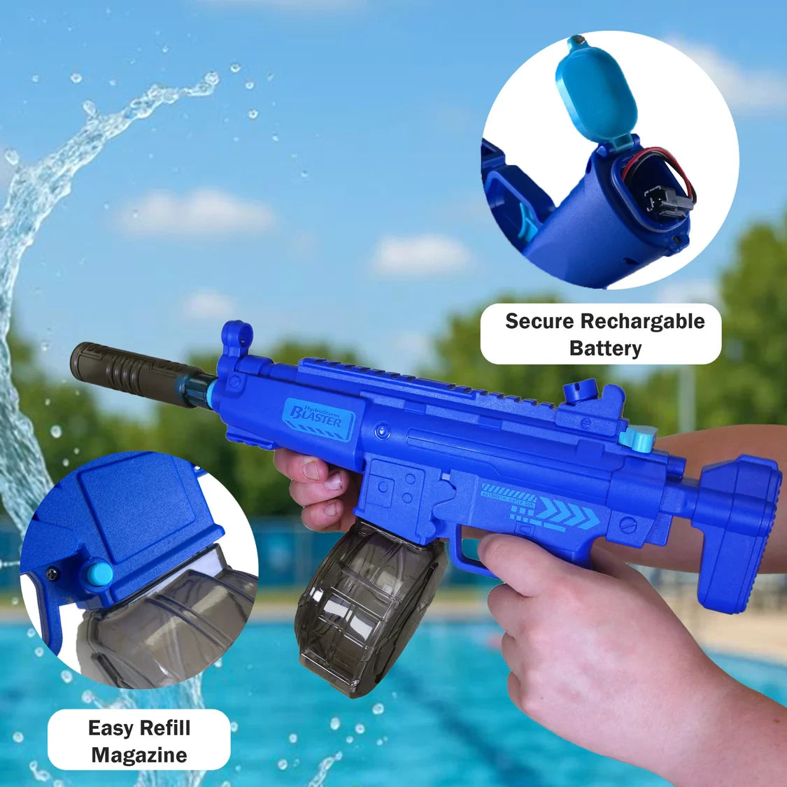 Blue HydroStorm water blaster with easy refill magazine and secure rechargeable battery callouts