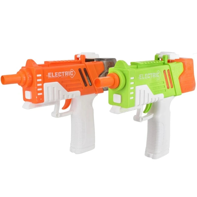 Orange and green electric water guns with white handles and orange barrels