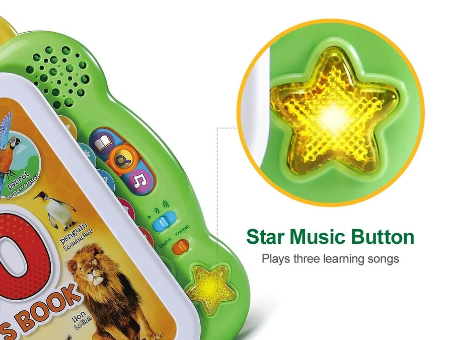 Close-up of the illuminated yellow star music button on the LeapFrog 100 Animals Book with surrounding colourful control buttons