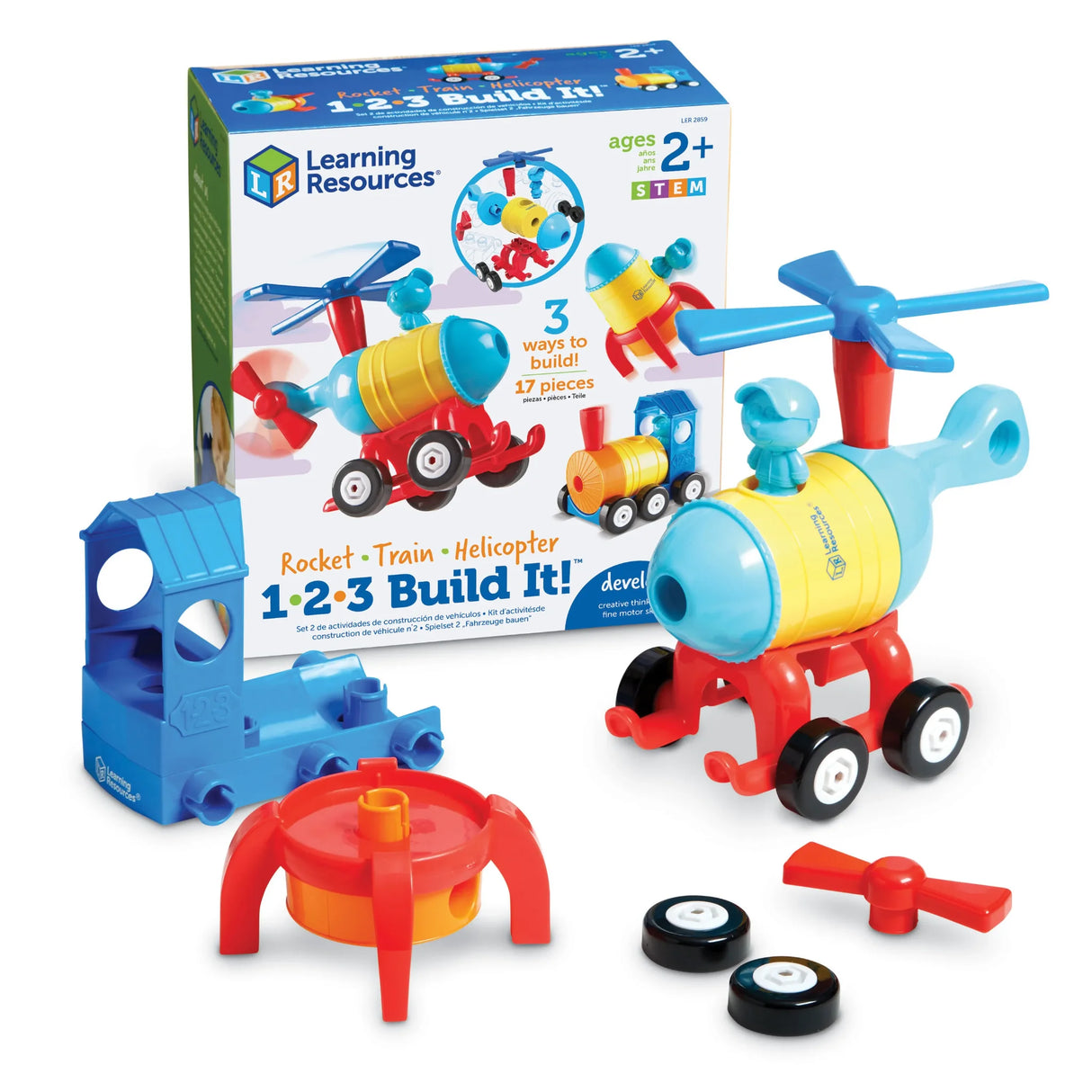 1-2-3 Build It! box shown with assembled helicopter and parts – Ireland