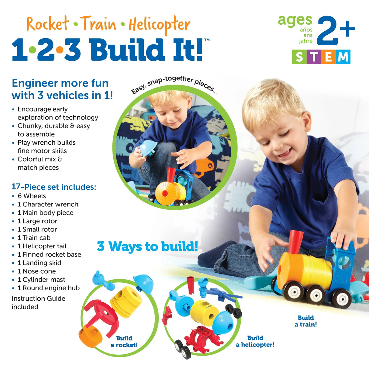 Child playing with train build from 1-2-3 Build It! STEM toy set – Ireland