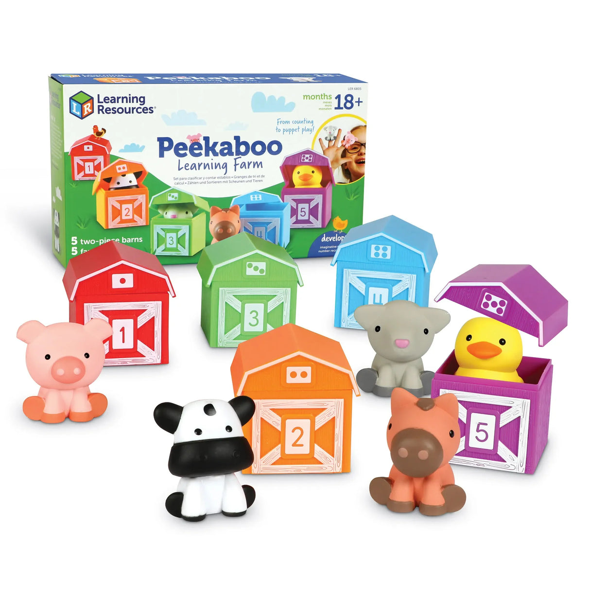 Peekaboo Learning Farm box with five coloured barns and toy animals – Ireland
