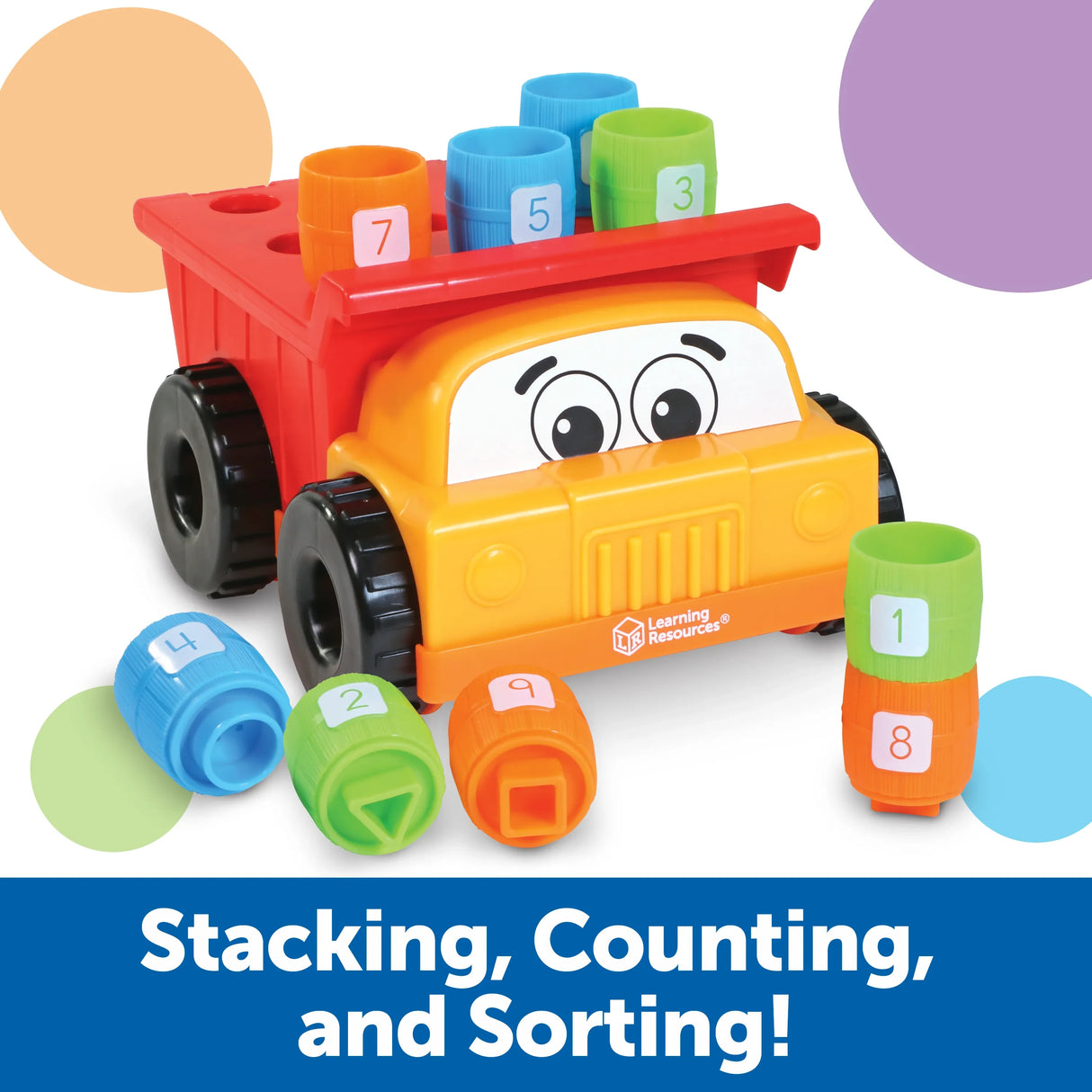 Learning Resources Tony the Peg Stacker Dump Truck with stacking barrels