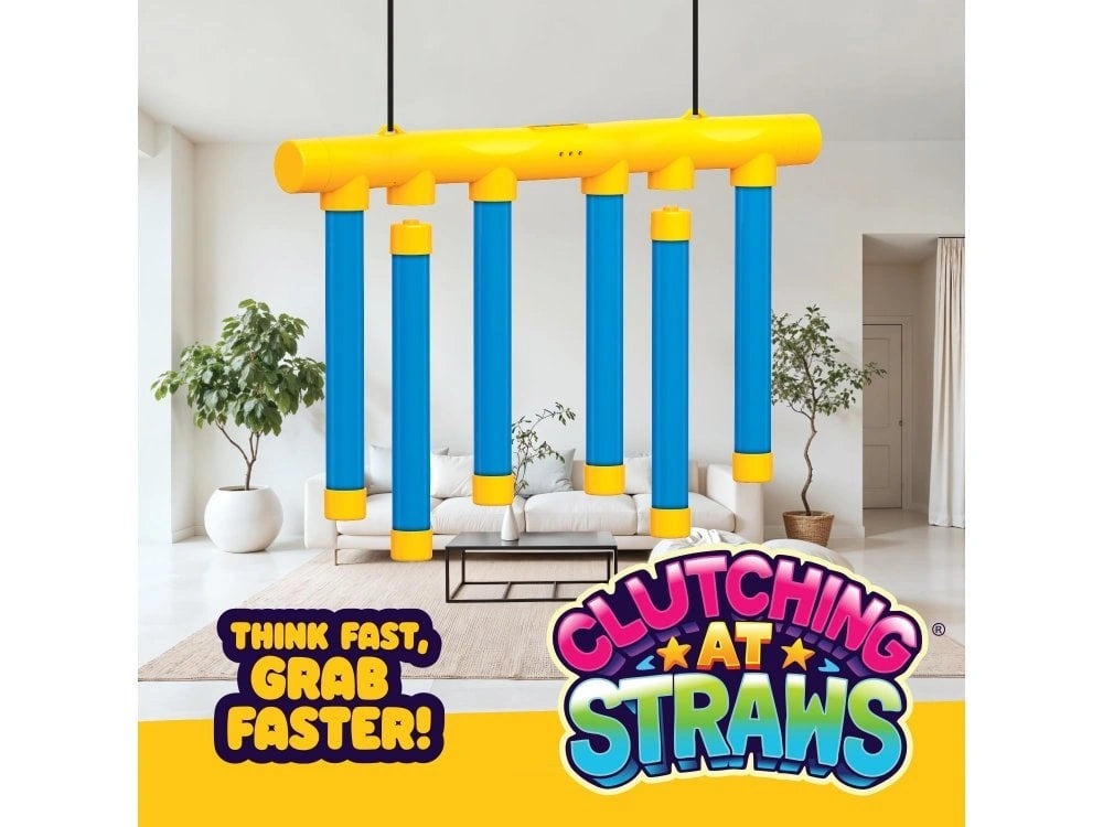 LeftField Toys Clutching At Straws Reaction Game showing six blue foam straws hanging from the yellow game unit