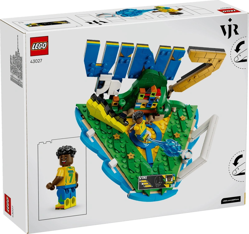 Back of LEGO Editions Vini Jr. Football Highlights 43027 packaging showing an overhead view of the completed football display, Vini Jr. minifigure, number 7 and football accessories.