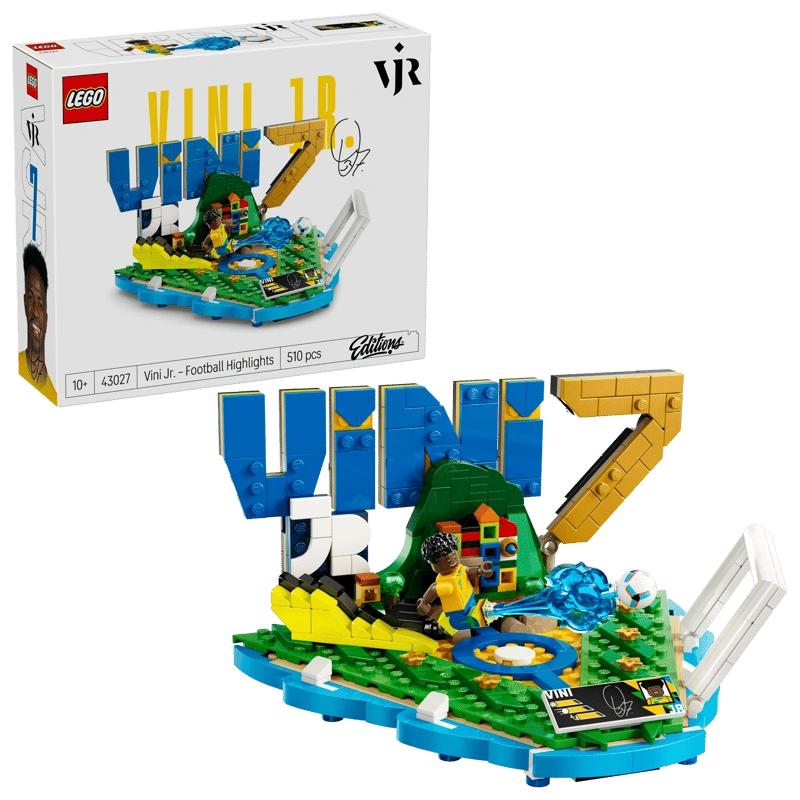 LEGO Editions Vini Jr. Football Highlights 43027 retail box displayed beside the completed model featuring blue VINI lettering, yellow number 7, Brazilian colours, football and Vini Jr. minifigure.