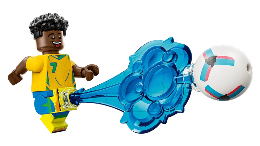 LEGO Editions Vini Jr. Football Highlights 43027 showing the Vini Jr. minifigure in a yellow football shirt and blue shorts beside a white football with a transparent blue kicking effect.