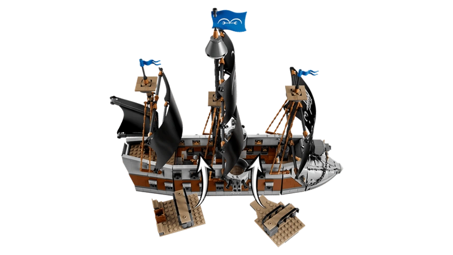 LEGO ONE PIECE Garp's Marine Battleship 75646 viewed from above, showing the black sails and two removable deck sections with arrows indicating how they attach to the ship.