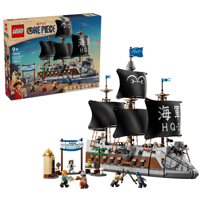 LEGO ONE PIECE Garp's Marine Battleship 75646 retail box displayed beside the completed warship with black sails, grey dog figurehead, Marine Victory Day market scene and minifigures.