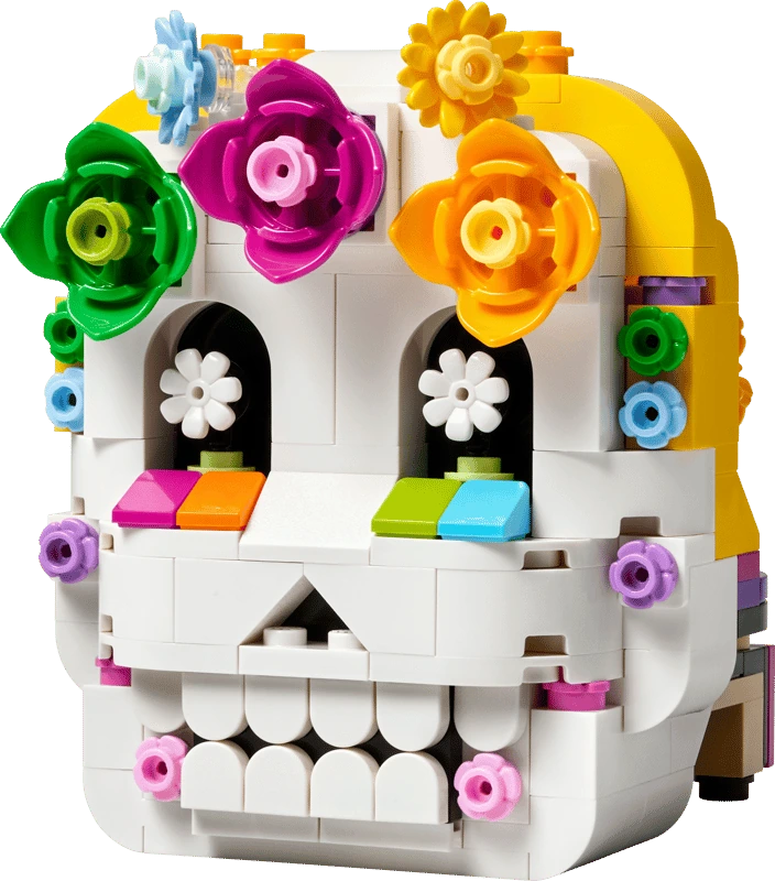 Skull side of the LEGO Altar of the Dead 40811 model decorated with colourful flowers