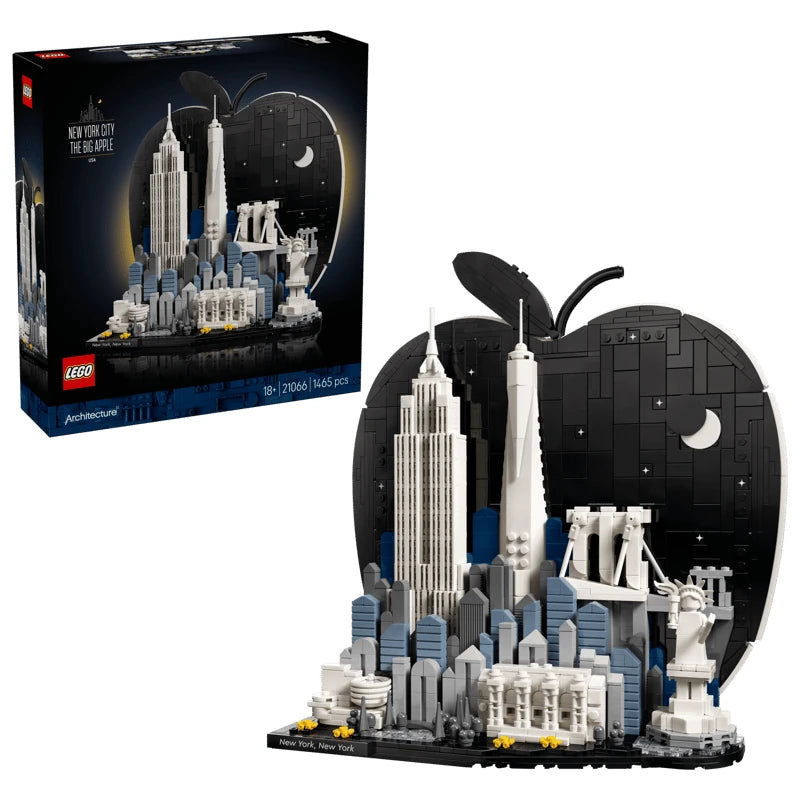 LEGO Architecture New York City The Big Apple retail box beside the completed black, white, blue and grey skyline model