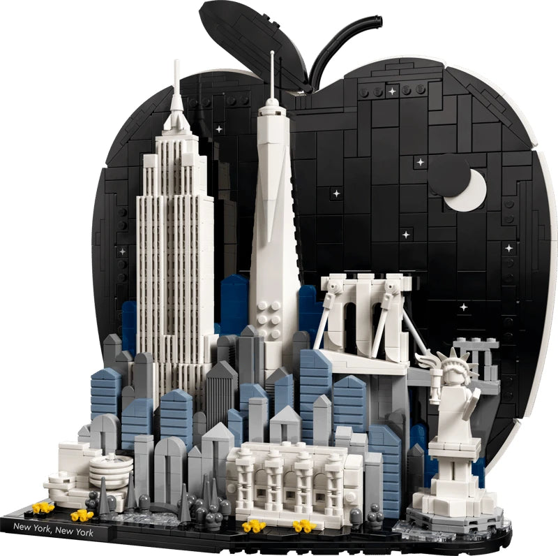 Close front view of the LEGO Architecture New York City model showing the Empire State Building, One World Trade Center, Brooklyn Bridge, Statue of Liberty, Guggenheim Museum and Metropolitan Museum of Art
