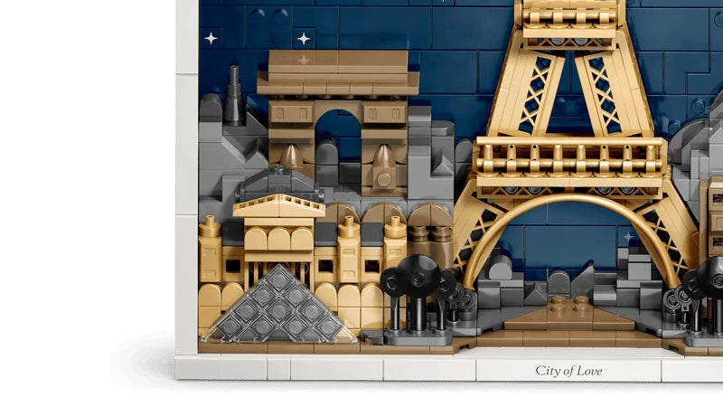 Close view of the Louvre Pyramid, Arc de Triomphe and lower section of the Eiffel Tower in the LEGO Architecture Paris City of Love model
