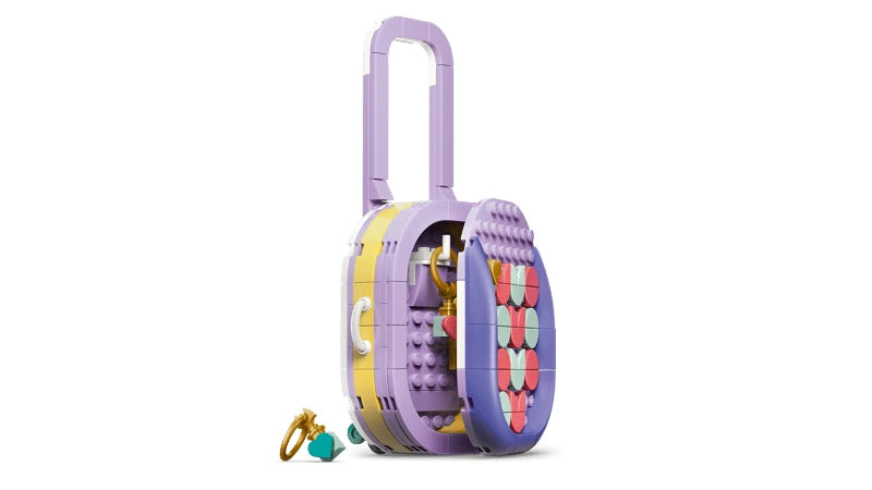 Side view of LEGO fashion bag build opened to show the inside storage space