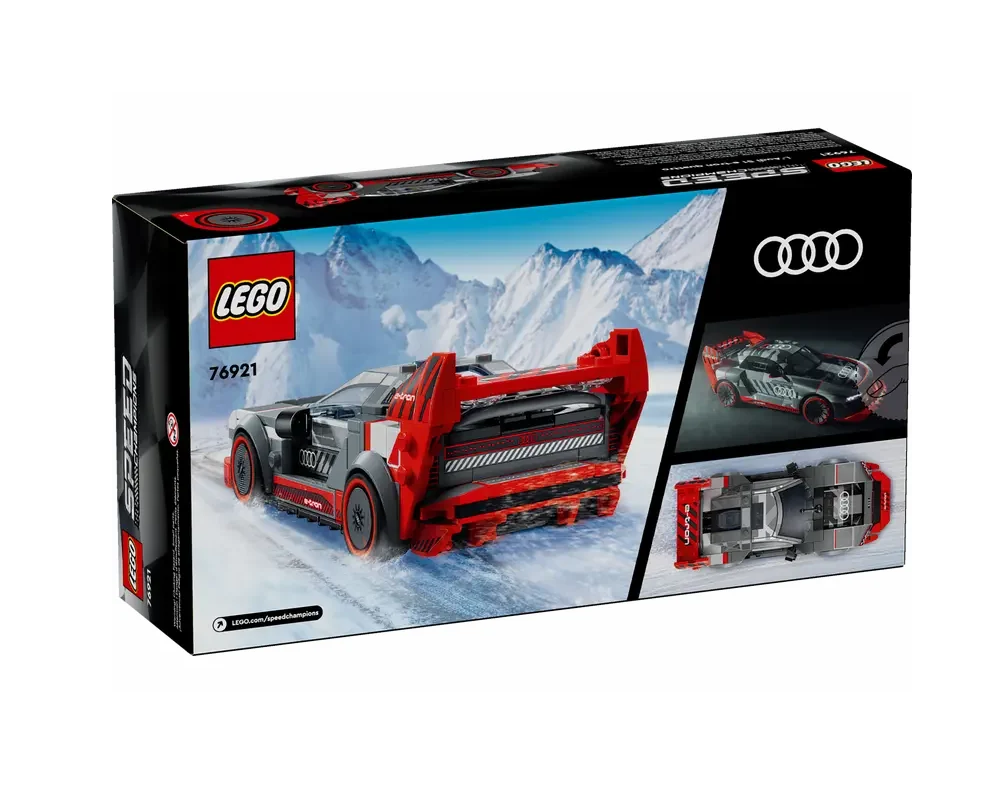 Back of LEGO Speed Champions Audi S1 e-tron quattro Race Car box highlighting features, dimensions and mountain scenery in Ireland.
