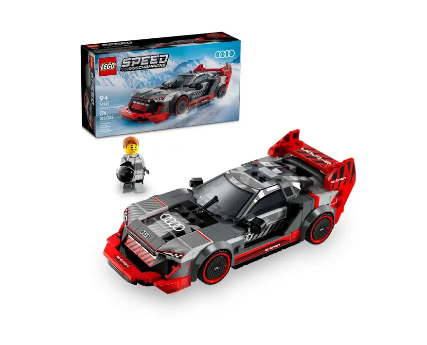 Detailed LEGO Speed Champions Audi S1 e-tron quattro Race Car with box art and driver minifigure on display in Ireland.
