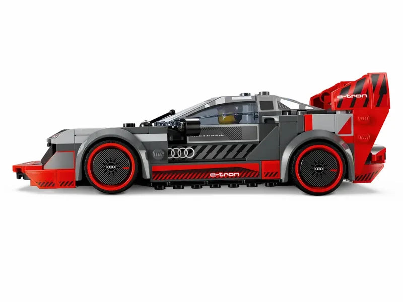Side profile of LEGO Speed Champions Audi S1 e-tron quattro Race Car highlighting aerodynamic design and Audi decals in Ireland.