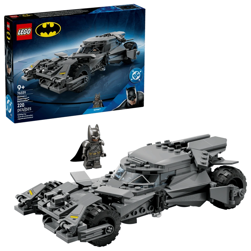 LEGO Batman Batman v Superman Batmobile 76331 set showing grey Batmobile model with Batman minifigure and retail box