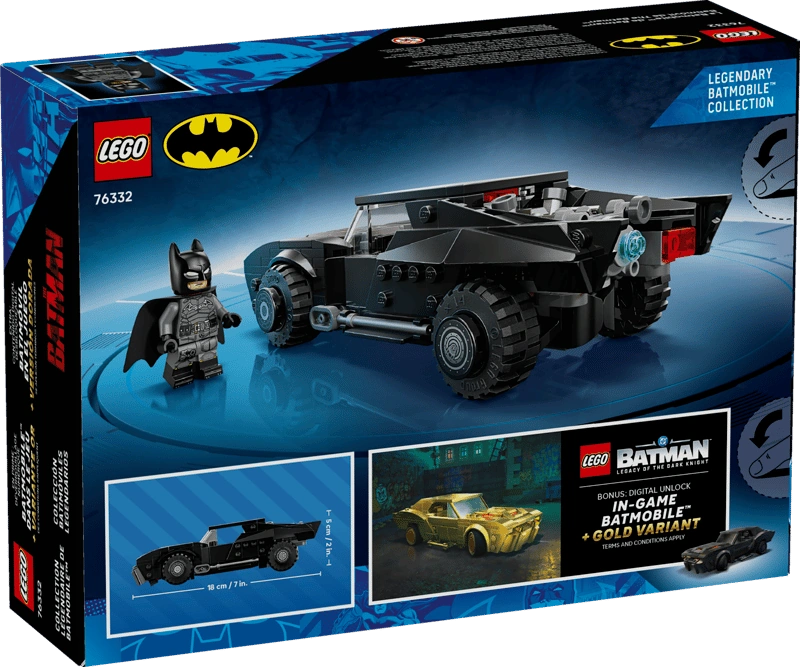 LEGO Batman The Batman Batmobile 76332 box back showing rear view of vehicle, dimensions graphic and bonus digital unlock artwork