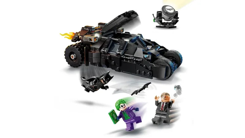 LEGO Batman Tumbler Batmobile with flame detail and three minifigures in action pose on white background