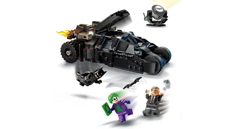 LEGO Batman Tumbler Batmobile with flame detail and three minifigures in action pose on white background