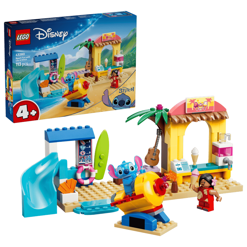 LEGO Beach Fun with Lilo & Stitch box shown with the completed beach set, figures, slide, rocket ride and shops