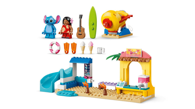 LEGO Beach Fun with Lilo & Stitch set with Lilo and Stitch figures, slide, rocket ride, surfboard, shops and beach accessories