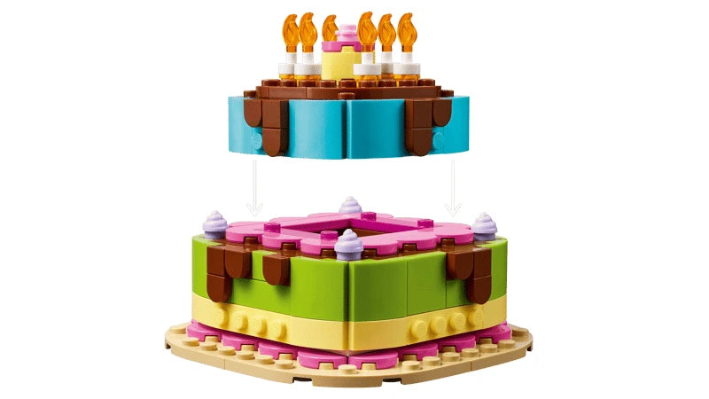 LEGO birthday cake build with top layer shown lifted above the base