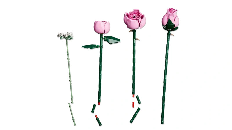 Individual LEGO Botanicals pink rose stems shown separately, including a rosebud, a partially open rose, a fully open rose, and a baby’s breath stem with small white flowers