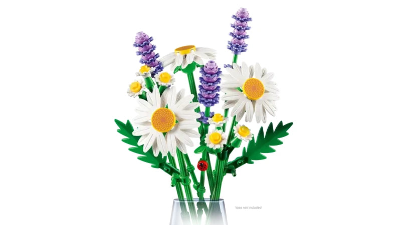 LEGO Botanicals Daisies bouquet arranged upright showing white daisy flowers with yellow centres, lavender stems and green leaves on a white background