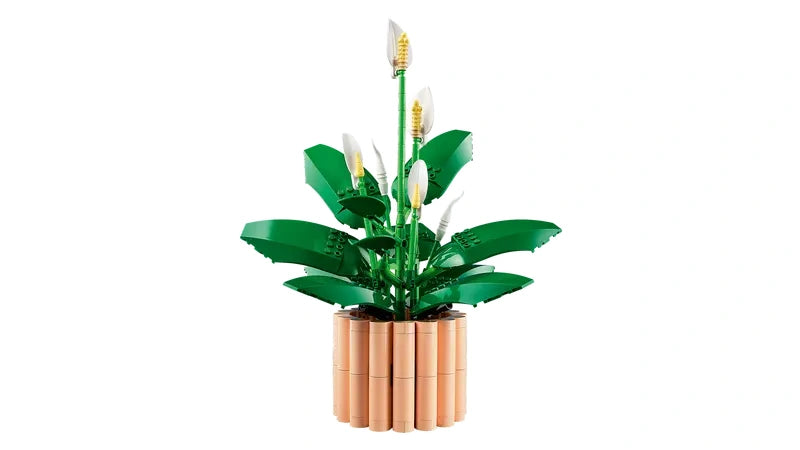 LEGO Botanicals Peace Lily plant with layered green leaves, white peace lily flowers and peach coloured plant pot shown from the front on a white background