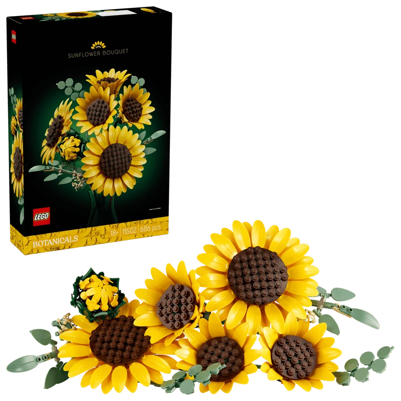 LEGO Botanicals Sunflower Bouquet 11502 retail box beside built bouquet with six yellow sunflowers and green eucalyptus stems