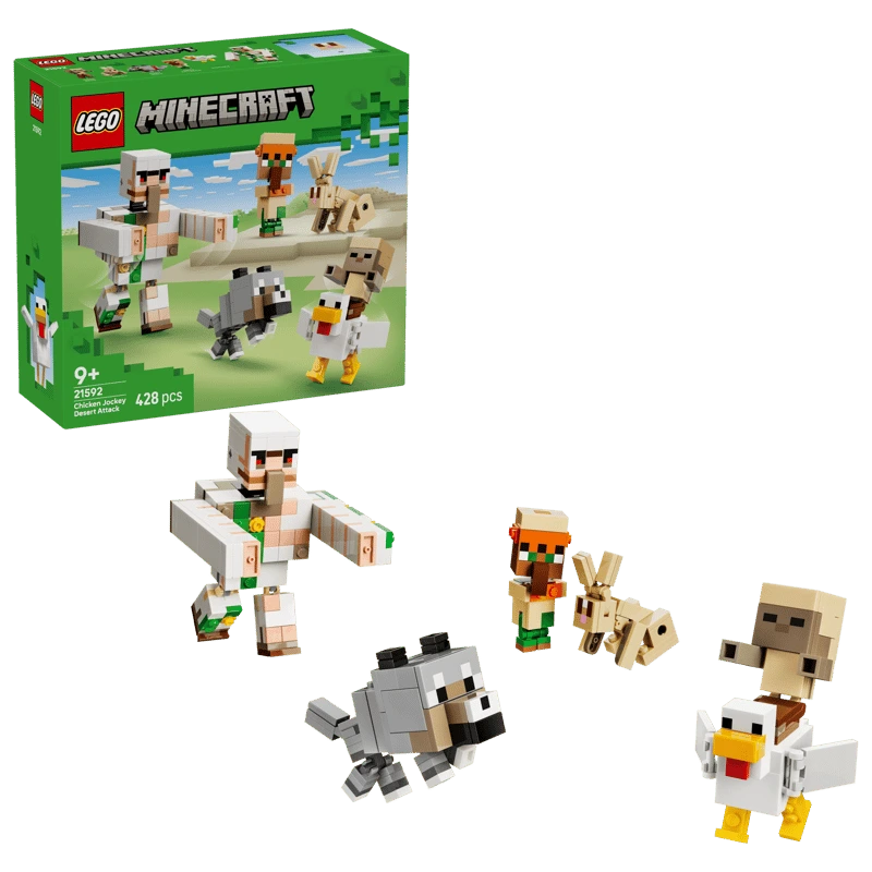 LEGO Chicken Jockey Desert Attack 21592 box with Minecraft figures including iron golem, wolf, rabbit, villager and chicken jockey