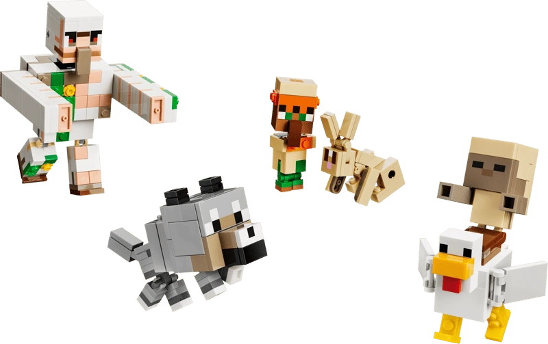 LEGO Minecraft iron golem, grey wolf, rabbit, villager and chicken jockey figures