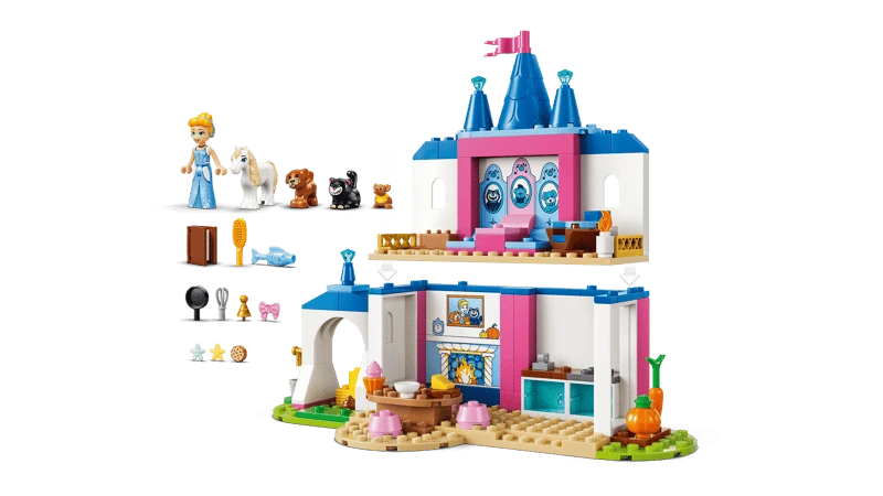 LEGO Cinderella Animal Friends Castle set lineup with castle, Cinderella figure, animal figures and small accessories