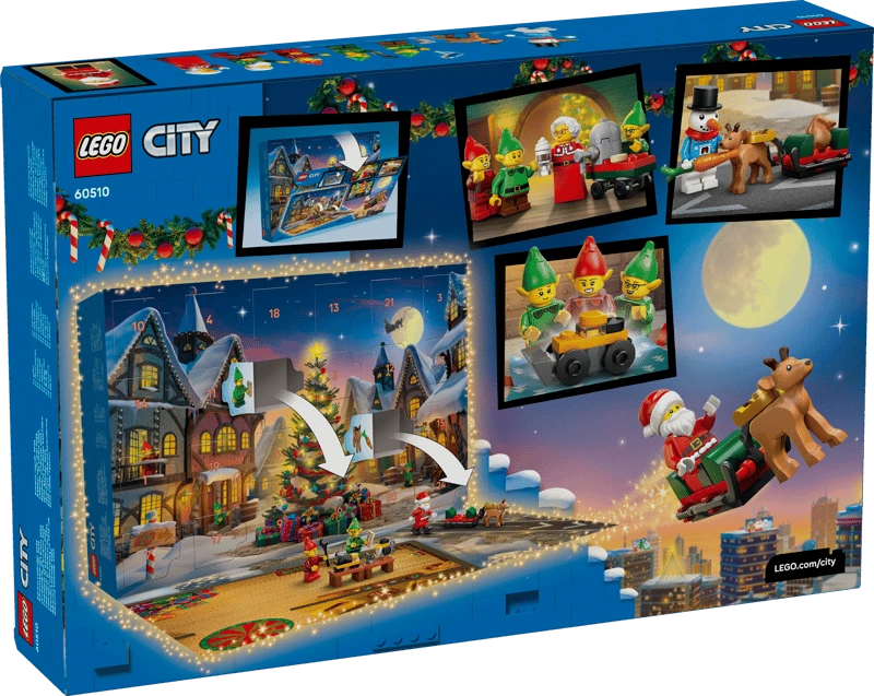 Rear of LEGO City Advent Calendar 2026 box showing the fold-down snowy play scene and featured mini builds