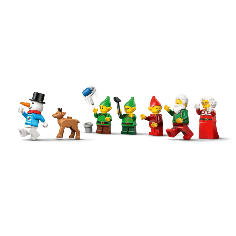 LEGO snowman, baby reindeer, three elves, Santa and Mrs. Claus minifigures with small accessories