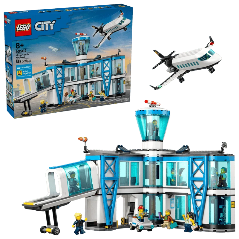 LEGO City Airport with Airplane box beside the completed airport terminal and passenger airplane model