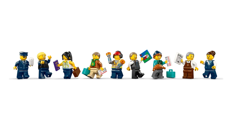 Nine LEGO City minifigures with suitcases, boarding tickets, marshalling wands, map, newspaper and croissant accessories